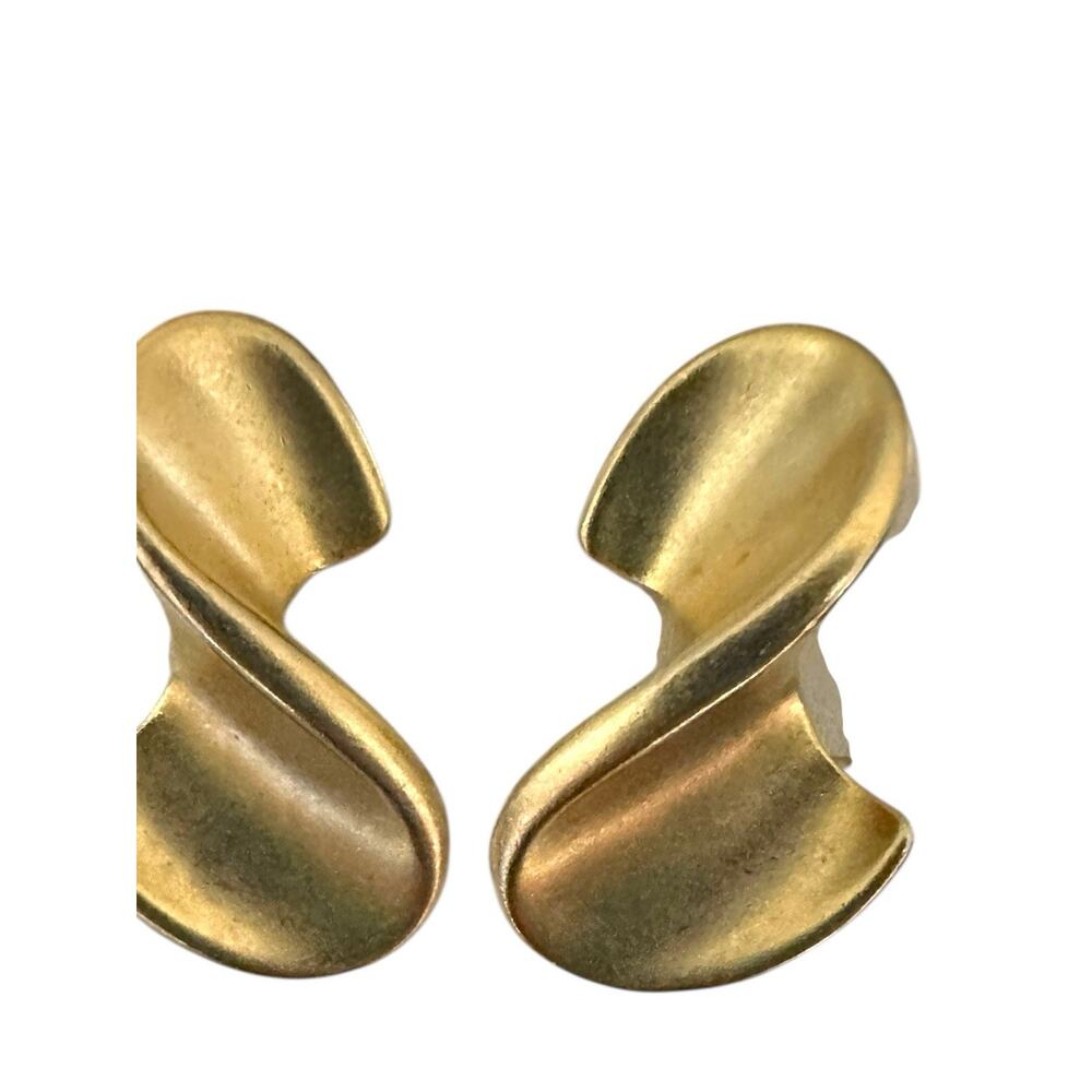 Vintage Signed TAT Gold Tone S Shaped Wave Large Statement Pierced Earrings EUC